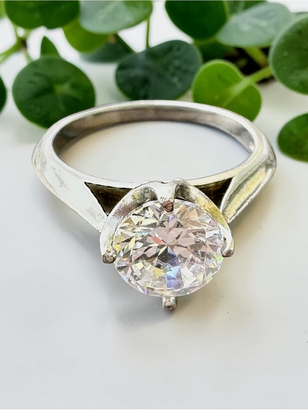 Vintage 925 Sterling Silver 2.25ct Simulated Diamond Solitaire Cathedral Ring -